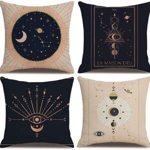 Set of 4 Sun,Moon, Pink Gold Black Eye of Wisdom Throw Pillow Covers
